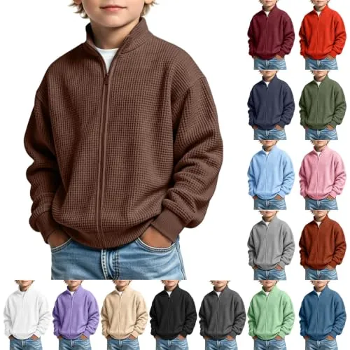 Boys Waffle Knit Zip Up Sweatshirt Stand Collar Fall Jacket