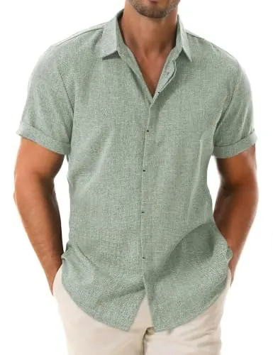 Drazivon Men's Linen Short Sleeve Button Down Casual Beach Shirt