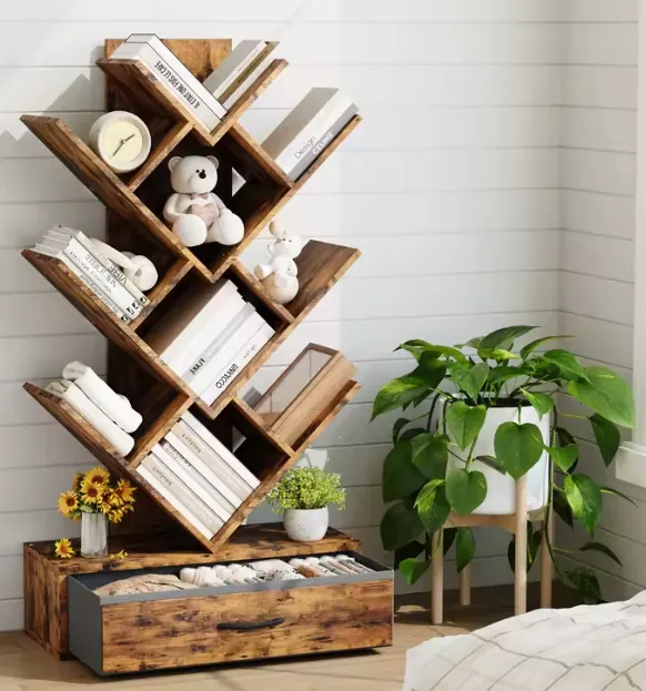 Tree-Shaped 7-Tier Bookshelf w/ LED Lights & Drawer