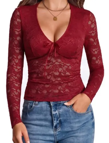 Avidlove Women's V-Neck Long Sleeve Lace Mesh Shirt with Lined Front Bra Area (7 Colors)