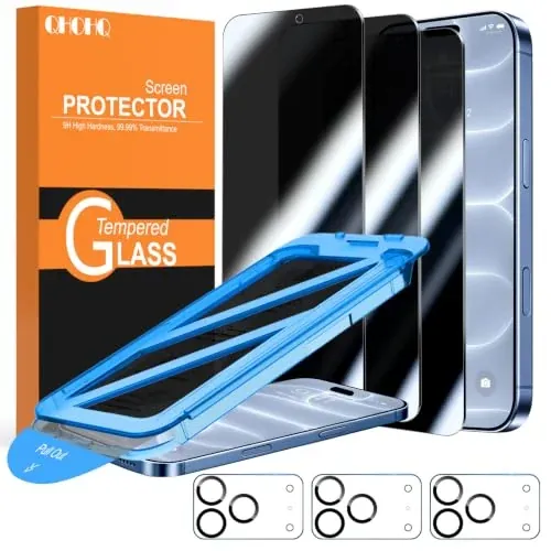 QHOHQ iPhone 18 Pro Privacy Tempered Glass Screen Protector 3-Pack w/ Camera Lens Protector 3-Pack