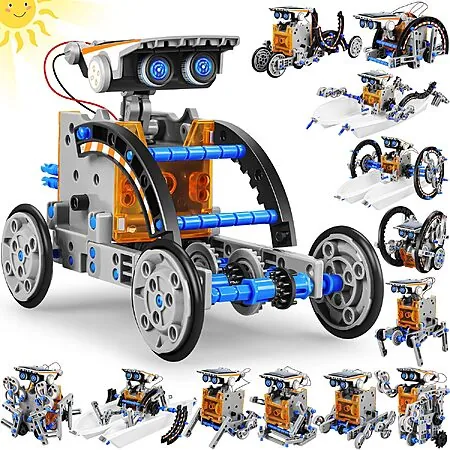 Bottleboom Kids' 13-in-1 STEM Solar Power Robot Toy Building Kit (Blue Gray)