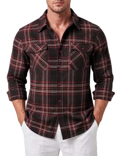 Poriff Mens Flannel Button Down Plaid Shacket