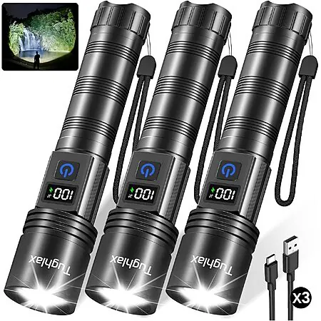 3-pk Tughlax Rechargeable LED Flashlights w/ 10000 Lumens, LCD Display & 5 Modes