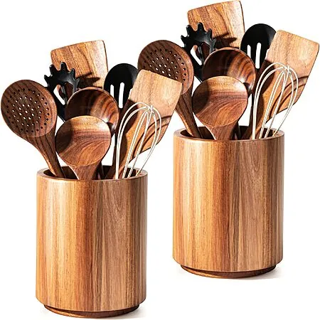 2-pk Criusia 360° Rotating Acacia Wood Cooking Utensil Crocks for Kitchen Counter