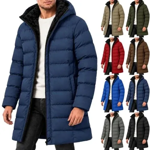Men's Long Winter Puffer Coat with Sherpa Lining and Hood