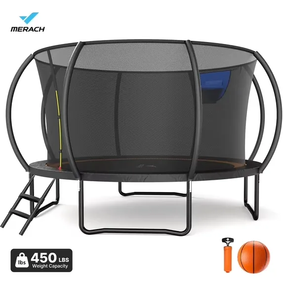 MERACH 14' Outdoor Pumpkin Trampoline w/ Basketball Station & Enclosure