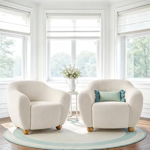 Walker Edison Linley Contemporary Bouclé Accent Chairs with Wood Legs, 2-Pack, Ivory