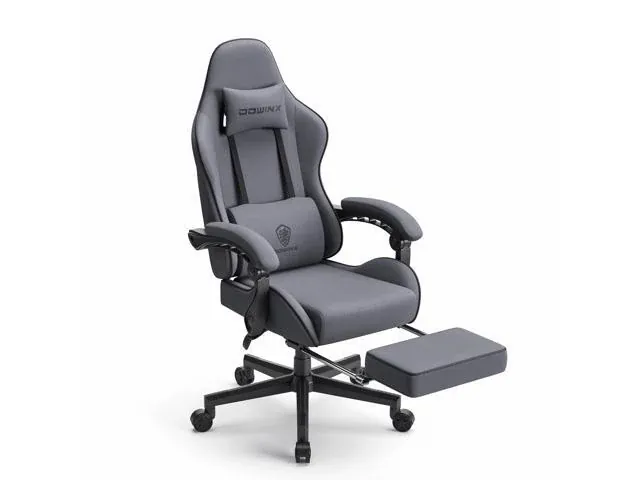 Dowinx LS-6658 Fabric Gaming Chair w/ Massage Lumbar, Adjustable Headrest & Footrest (Dark Grey)