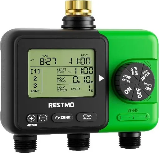 RESTMO 3 Zone Sprinkler Timer for Garden Hose with Brass Inlet