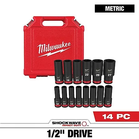 14-Pc Milwaukee SHOCKWAVE 1/2" Drive Metric Deep Well 6 Point Impact Socket Set
