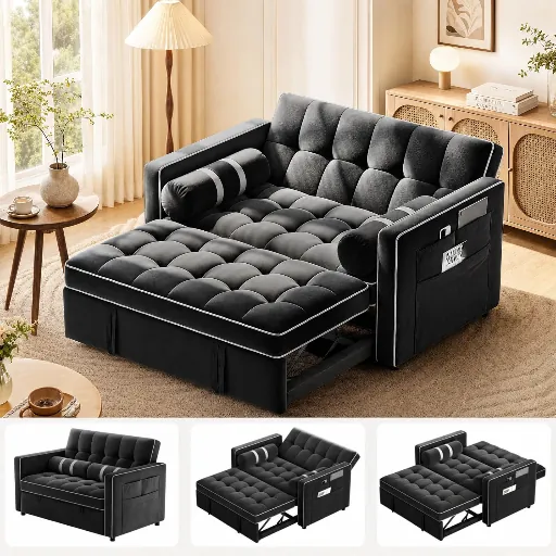 Pipishell 3-in-1 Pull-Out Loveseat Sleeper Couch (Black)