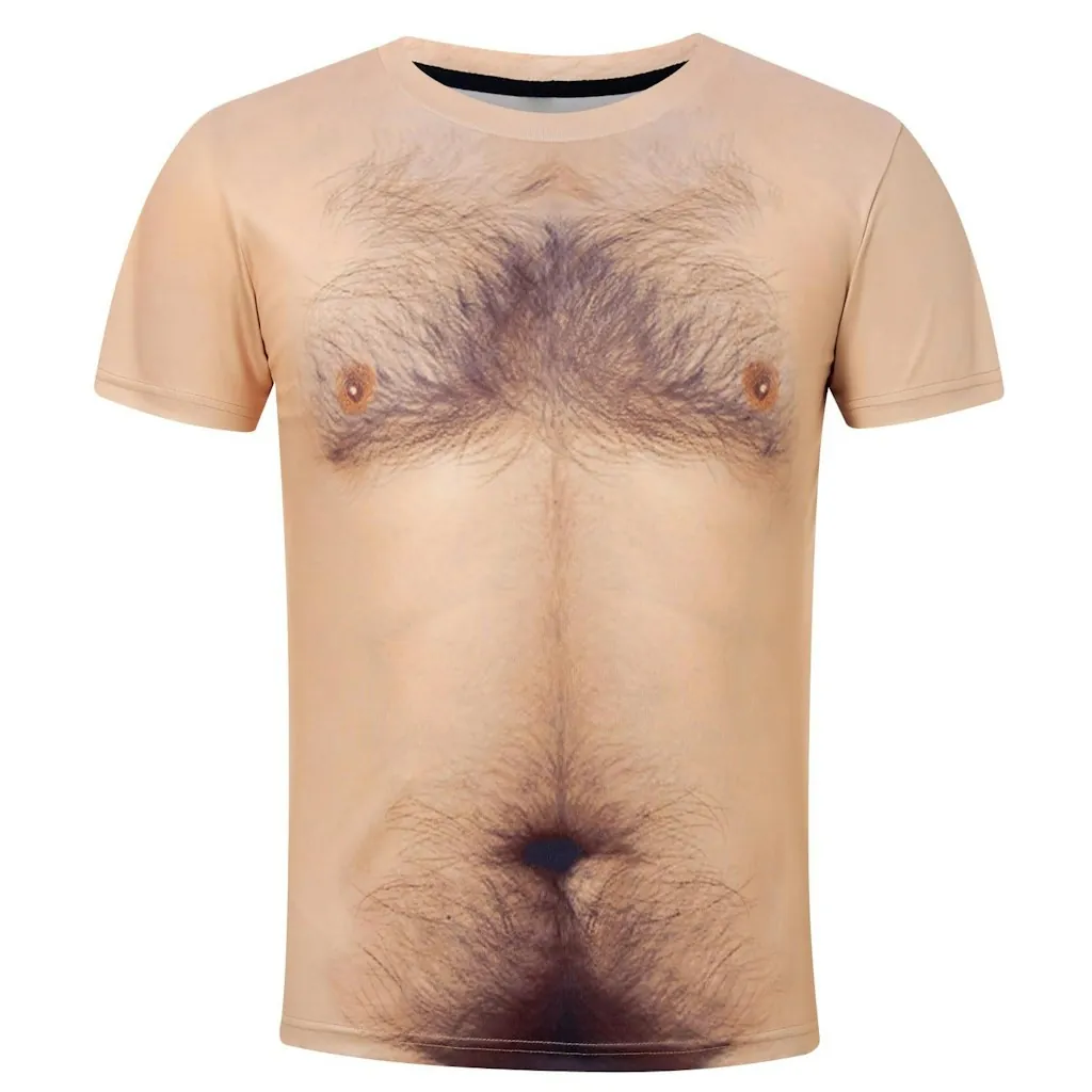 Fanient Men's 3D Hairy Chest Print Crewneck T-Shirt