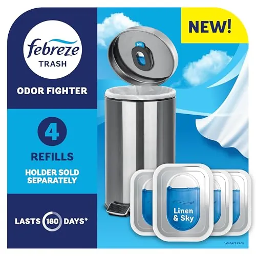 Febreze Trash Odor Fighter, Trash Can Air Freshener, Linen & Sky Scent, 4 Refills