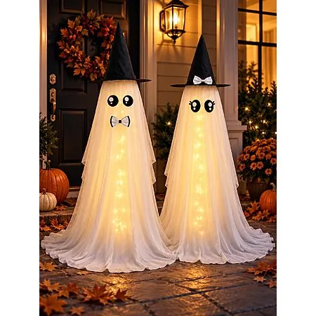 2-Pk 59" HOMELEX Lighted Halloween Bride & Groom Ghost Decorations