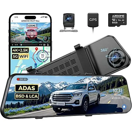 AZDOME PG17 Max Rear View Mirror 4K + 2.5K Dash Cam w/ ADAS, BSD & LCA