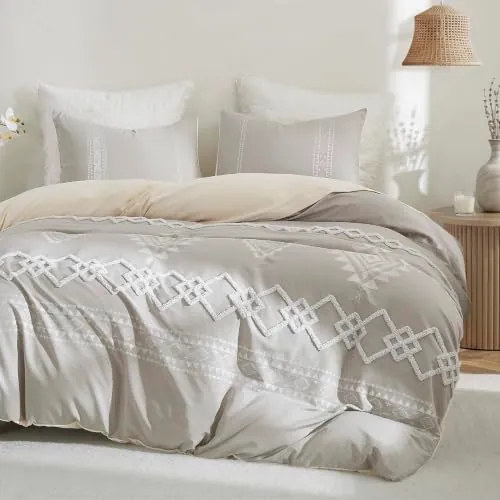Oli Anderson Boho Queen Duvet Cover Set, Light Gray & Ivory, 3 Pieces