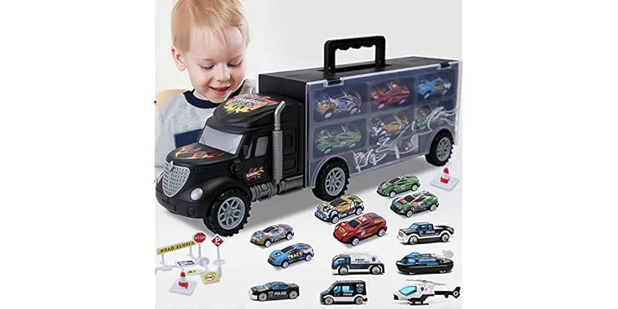 JODUDLR Large Transport Cars Carrier Set Truck Toys with 12 Die cast Vehicles