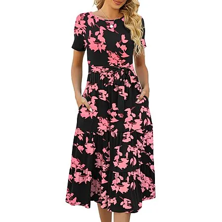 Lyrur Women's Summer Floral Short Sleeve Midi Dress
