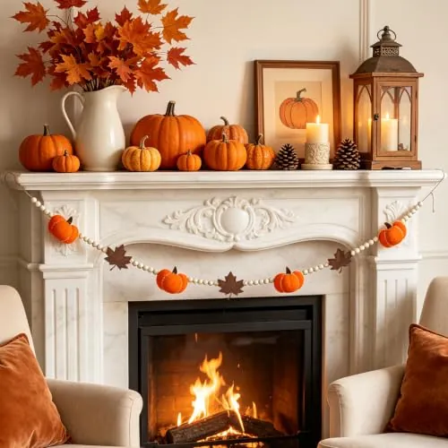 6.8 FT Fall Pumpkin Garland with Maple Leaves and Wood Beads