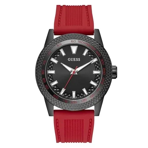 Guess Men's 46mm Watch - Red Silicone Strap Black Dial Black Case