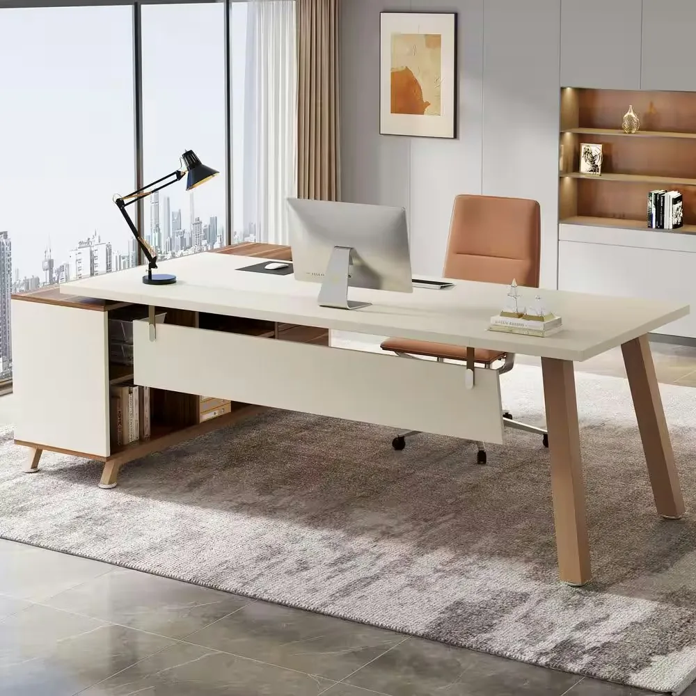 Byblight Lanita 71" L-Shaped White Wood 2-Drawer Executive Desk w/ Cabinet