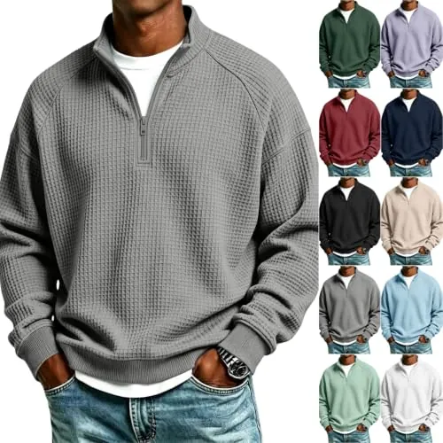Waffle Knit Long Sleeve Quarter Zip Pullover Henley Shirt