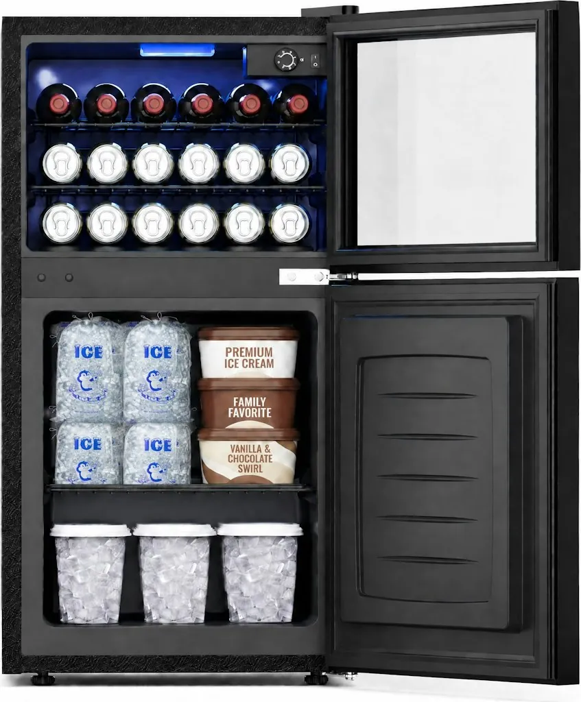 Snowyermine 2-in-1 Beverage Refrigerator w/ Bottom Freezer