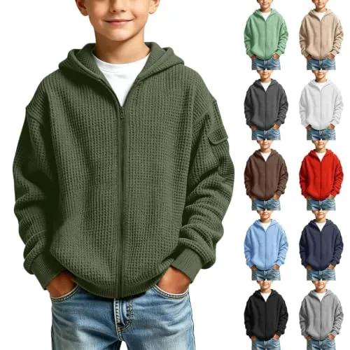Boys Waffle Knit Hoodies with Arm Pocket Zip Up Jacket 3-14T