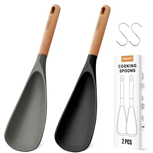 2-Pack Silicone Cooking Spoons with Wood Handle & S-Hooks