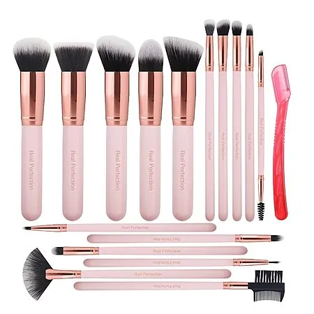 Prime Members: 16-Pc Real Perfection Makeup Brush Set w/ Eyebrow Razor (Pink)