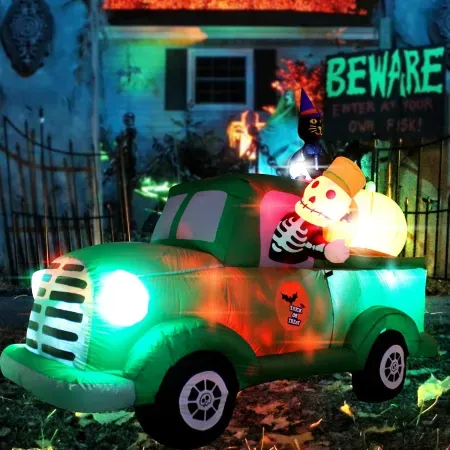 VIKIMORA 7.5' Halloween Inflatable Ghost Green Car w/ LED Lights