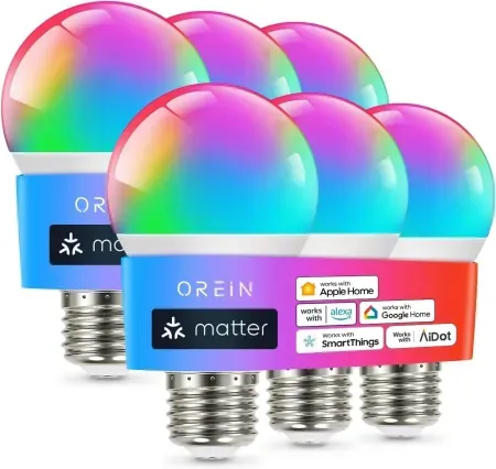 6-Pack OREiN Matter A19 RGBTW Color Changing Smart LED Light Bulbs
