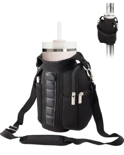 Faitio Neoprene Water Bottle Carrier Bag w/ Phone Pocket for Stanley 40/30-Oz (Black)