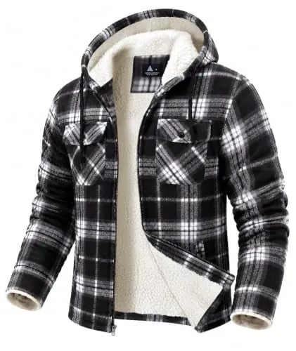 GEEK LIGHTING Men's Flannel Shirts Jacket Sherpa Lined Plaid Zipper Hoodie