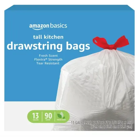 90-Count Amazon Basics 13-Gal Flextra Strength Tall Kitchen Drawstring Trash Bags