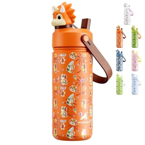 POWCAN 18 oz Kids Insulated Water Bottle with 2-in-1 Straw Spout Lid