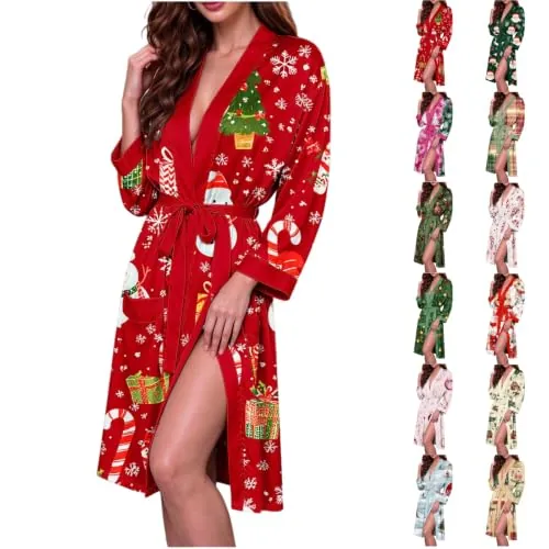 Christmas Print Belted Wrap Robe with Pockets