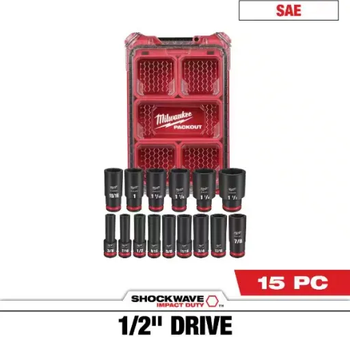 Milwaukee SHOCKWAVE Impact-Duty 1/2 in. Drive SAE Deep Well Impact PACKOUT Socket Set (15-Piece)