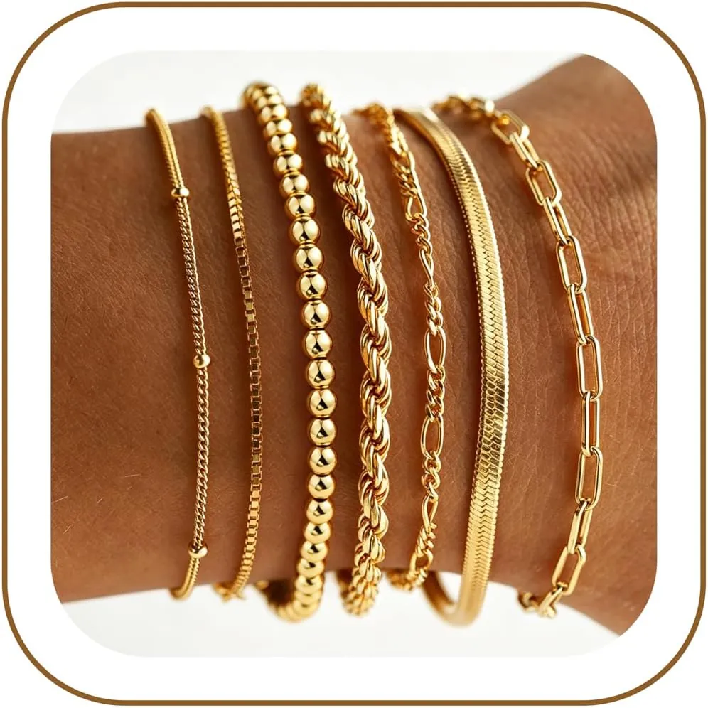 M MOOHAM 7-Piece 14K Gold Plated Bracelet Stack