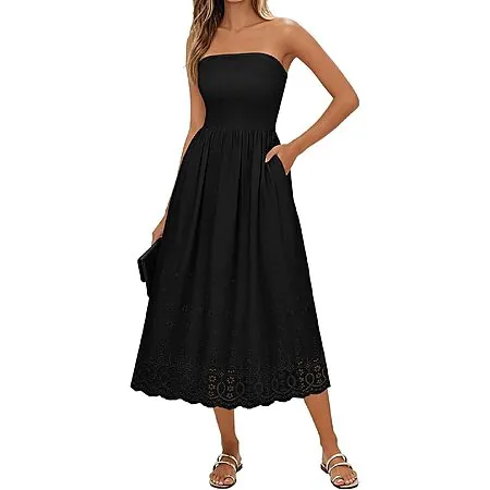 Lazysmile Women's Strapless Tube Top Boho Maxi Dress w/ Lace Trim & Pockets (various)