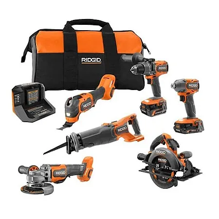RIDGID 18V Brushless 6-Tool Combo Kit w/ 6.0 Ah, 2.0 Ah MAX Output Batts & Charger