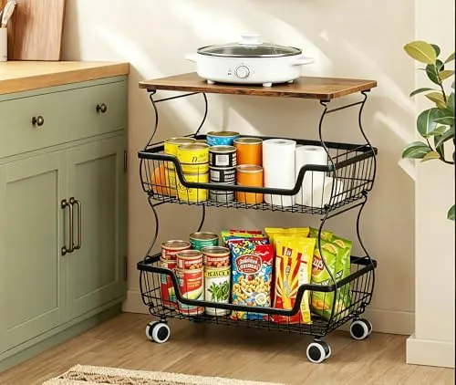 3-Tier 20.87" Tall Rolling Wire Produce Storage Basket Cart