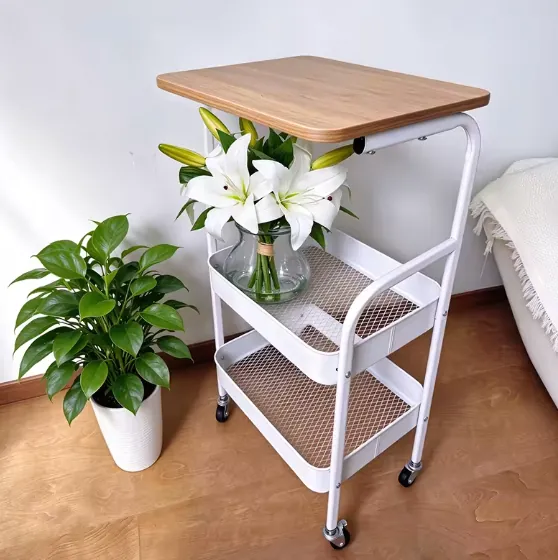 3-Tier Rolling Cart w/ Wooden Table Top