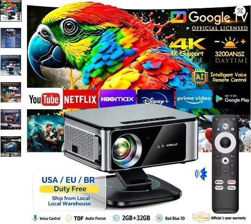 HORLAT Smart Projector 3200ANSI Lumens Native 1080P Android 14 2G 32G