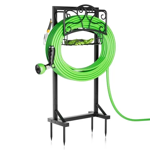 Heavy-Duty Garden Hose Holder with Storage Basket and Tool Hooks, Holds 160Ft