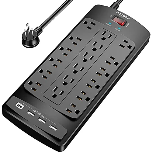 Powsav 18-Outlet 6' Flat Plug Surge Protector w/ 4 USB Ports