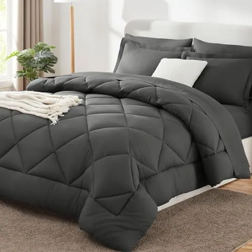 7 Pieces Queen Comforter Set with Sheets Dark Grey