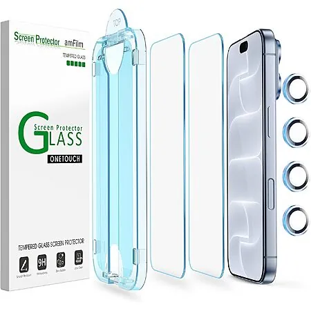 2-Pk amFilm OneTouch iPhone 18/17/16/15/14/13 Tempered Glass Screen Protectors