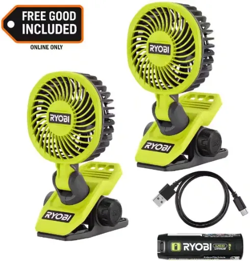 Ryobi USB Lithium Clamp Fan Kit with 2.0 Ah Battery and Extra USB Lithium Cordless Clamp Fan
